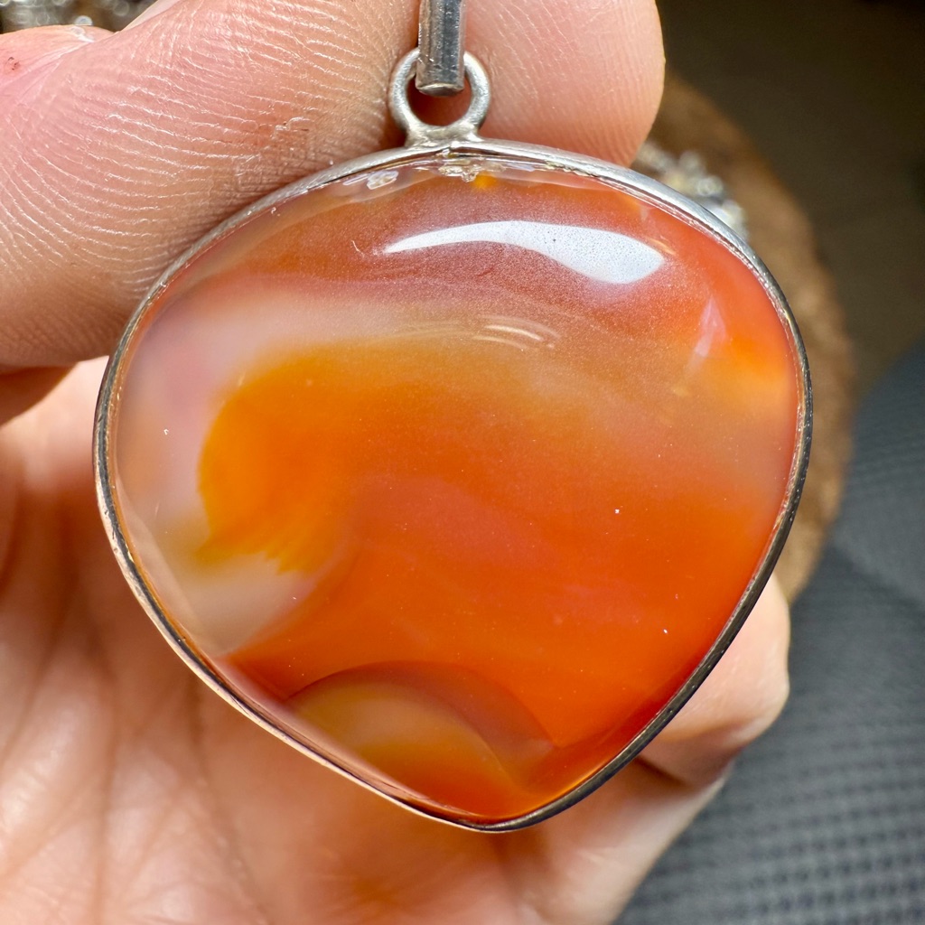 Sterling Silver Carnelian Agate Pendant Large Orange Gemstone Bezel